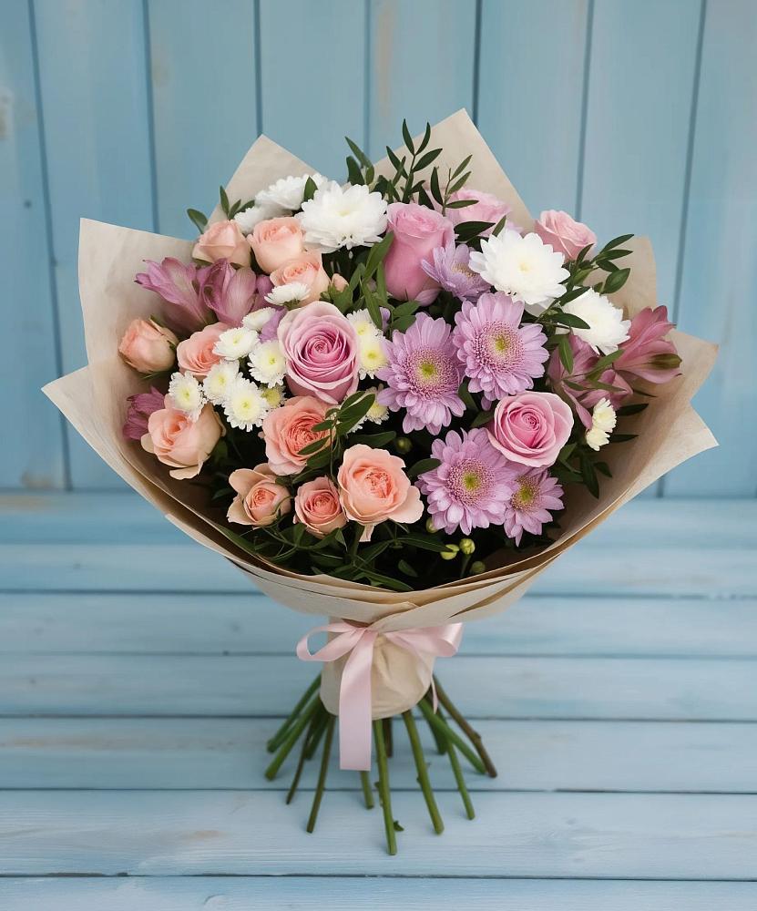 Букет цветов из: Хризантемы, Розы и Альстромерии в Нурма