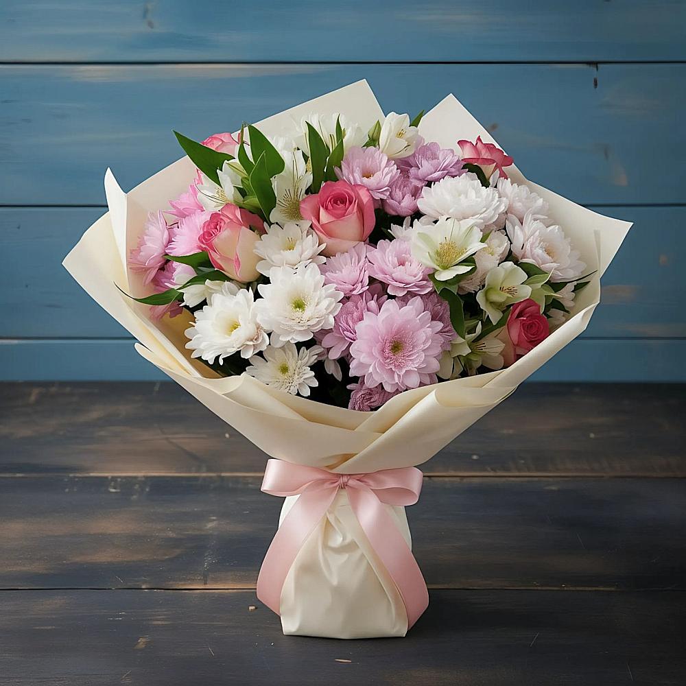 Букет цветов из: Хризантемы, Альстромерии и Розы в Нурма